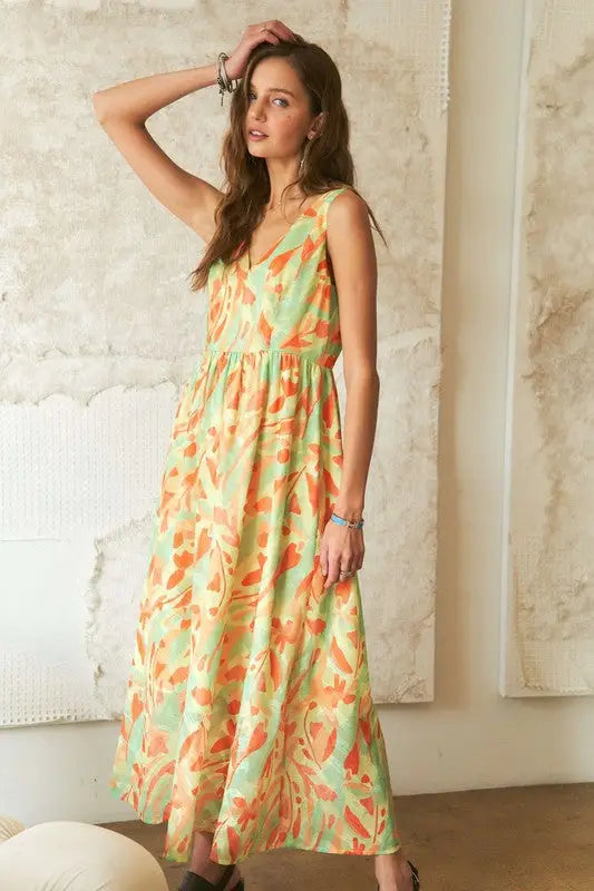 Green Floral Abstract V-Neck Maxi Dress - Eclectage