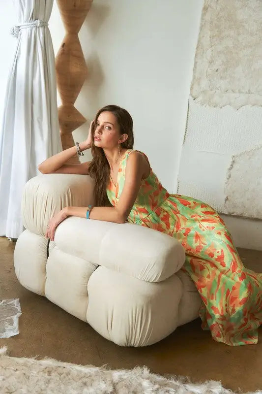 Green Floral Abstract V-Neck Maxi Dress - Eclectage