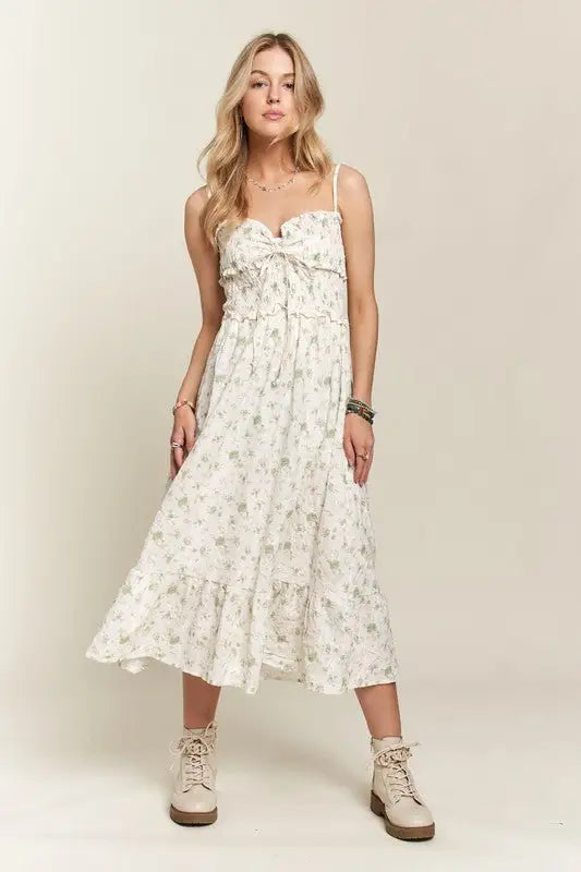 Green Floral Sweetheart Neck Cami Dress - Midi Dresses
