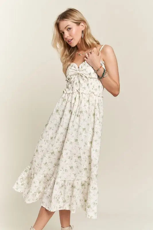 Green Floral Sweetheart Neck Cami Dress - Midi Dresses