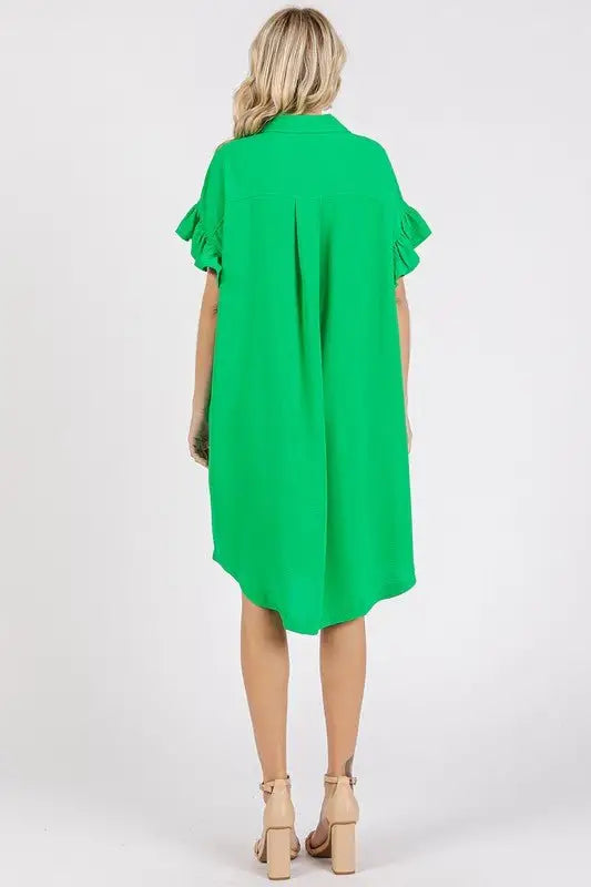 Green Flounce Sleeve Dress - Short Sleeve Dresses