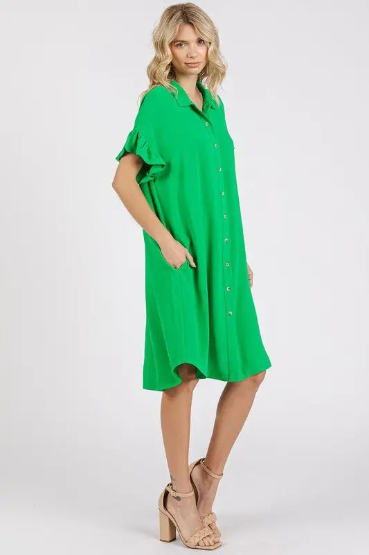Green Flounce Sleeve Dress - Short Sleeve Dresses