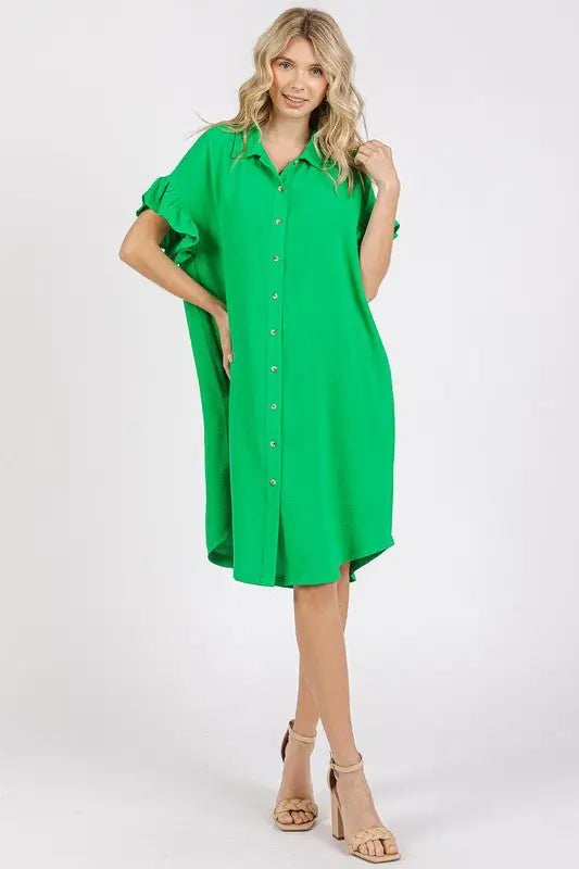 Green Flounce Sleeve Dress - Short Sleeve Dresses