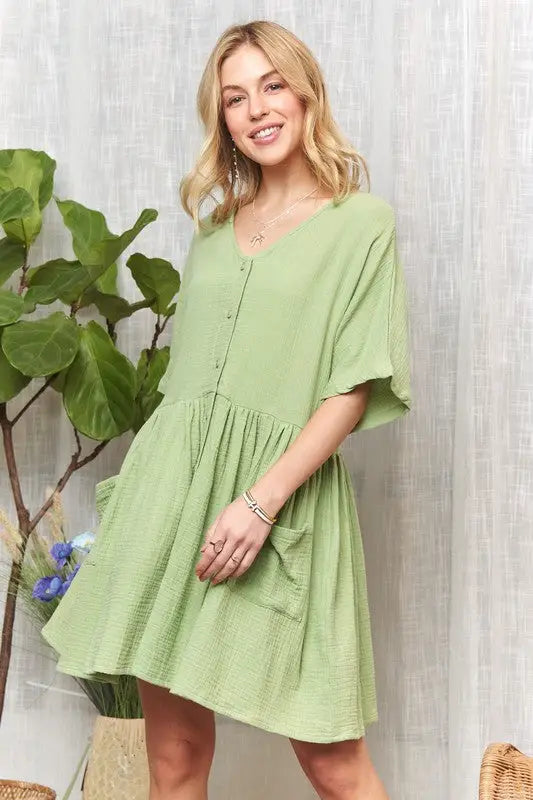 Green Half Sleeve Dress with Pockets - Eclectage