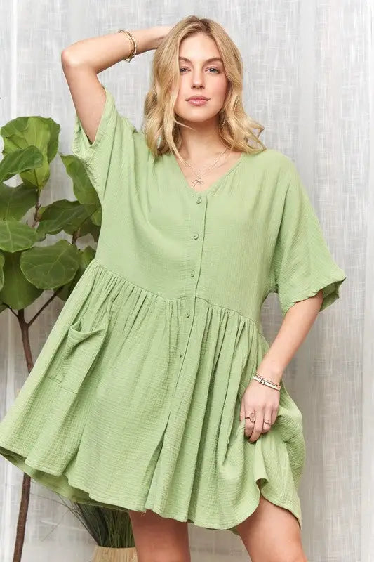 Green Half Sleeve Dress with Pockets - Eclectage