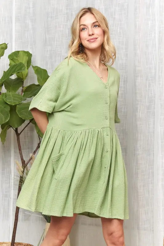 Green Half Sleeve Dress with Pockets - Eclectage