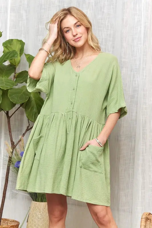 Green Half Sleeve Dress with Pockets - Eclectage