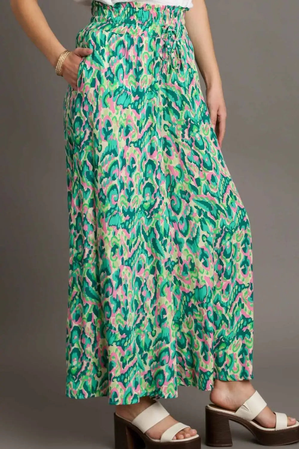 Green Mixed Print High Waist Wide Leg Pants - Pants