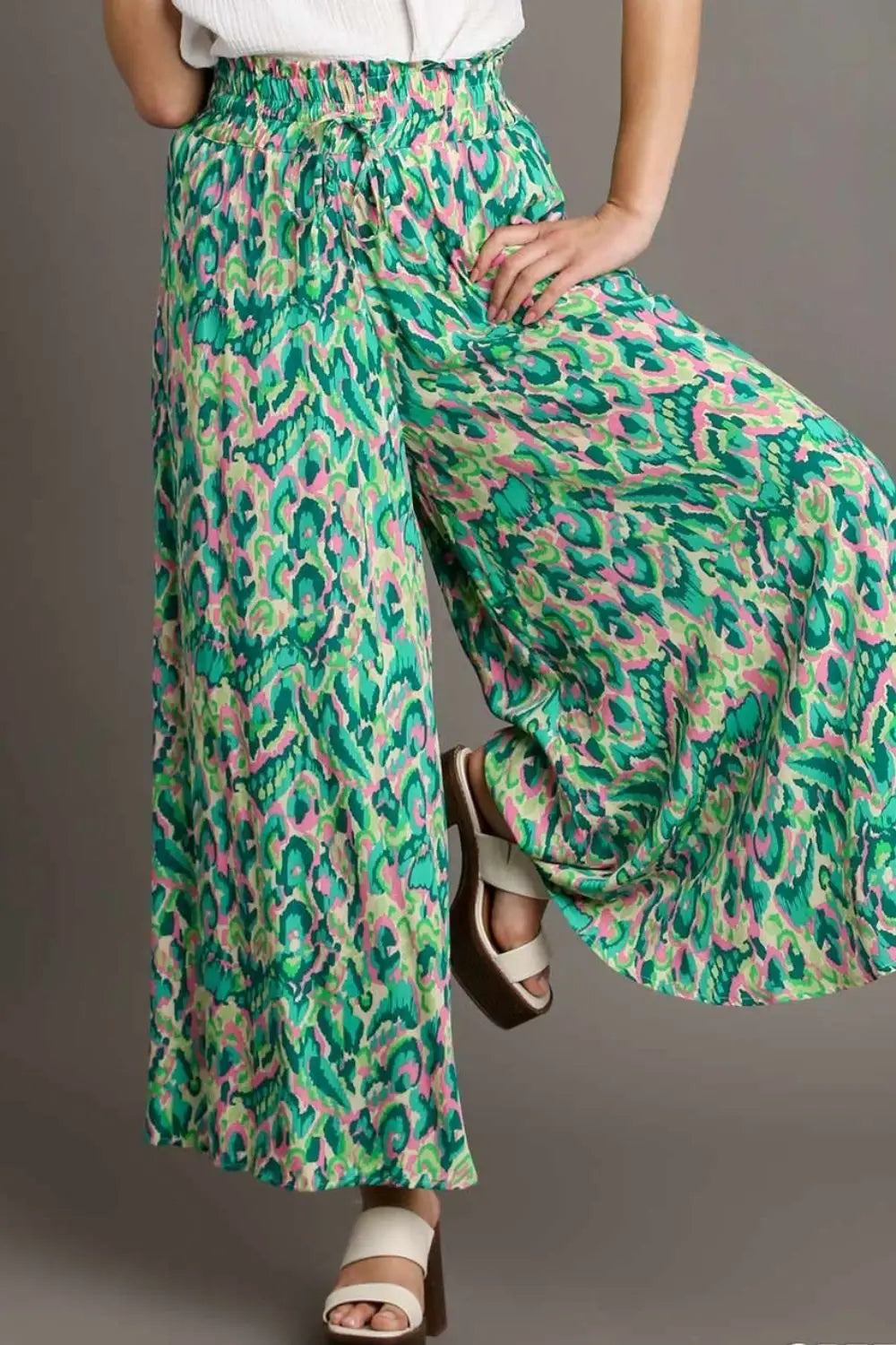 Green Mixed Print High Waist Wide Leg Pants - Pants