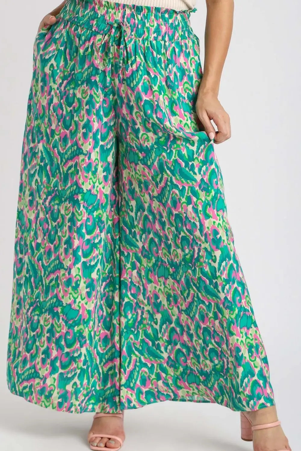 Green Mixed Print High Waist Wide Leg Pants - Pants