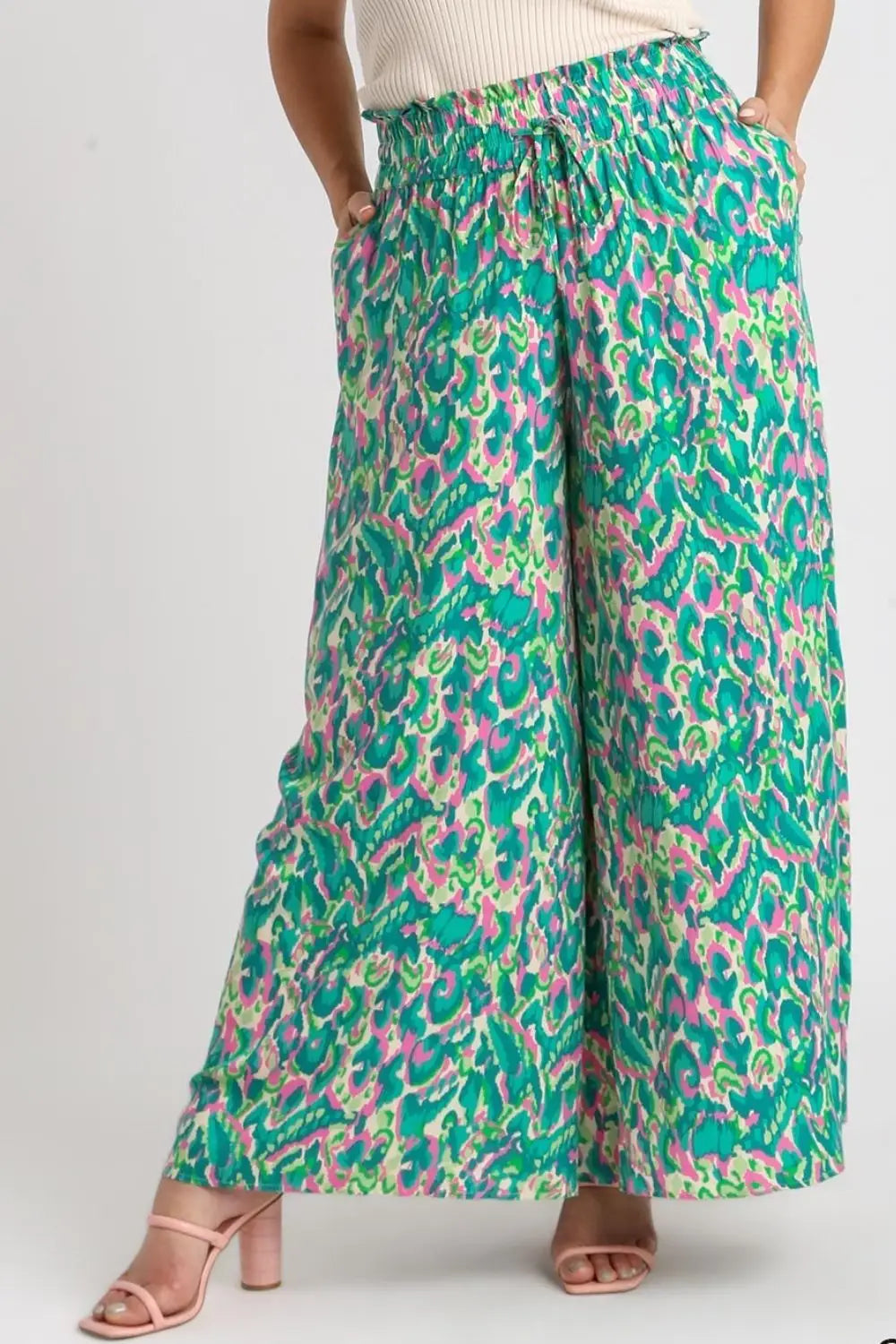Green Mixed Print High Waist Wide Leg Pants - Pants