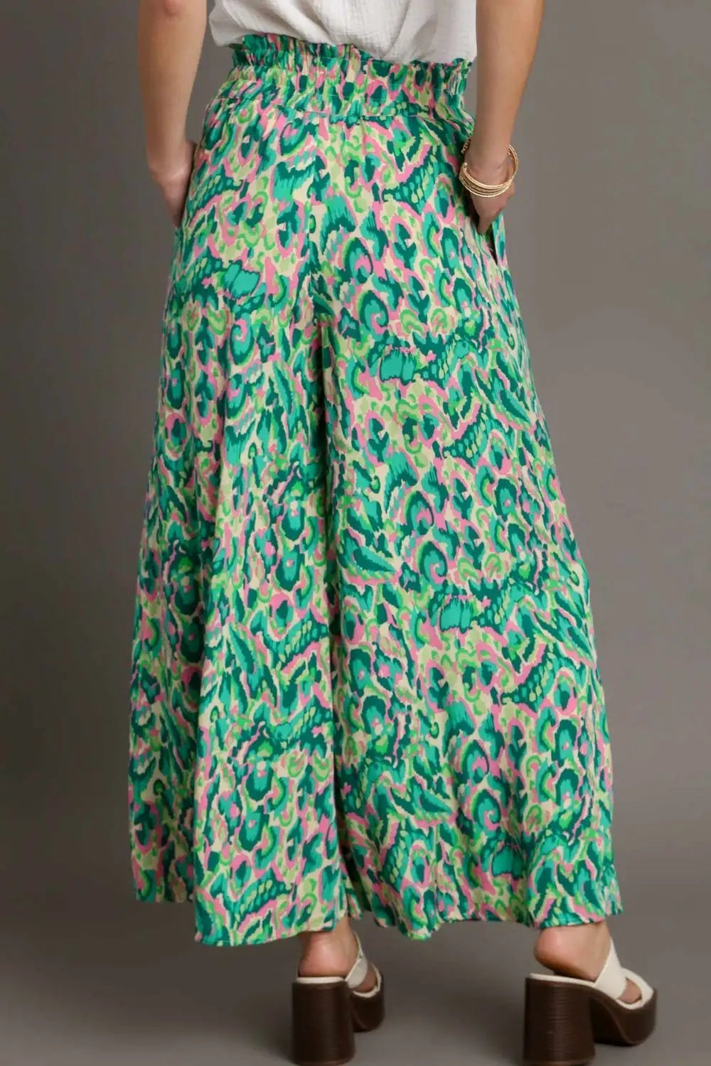 Green Mixed Print High Waist Wide Leg Pants - Pants
