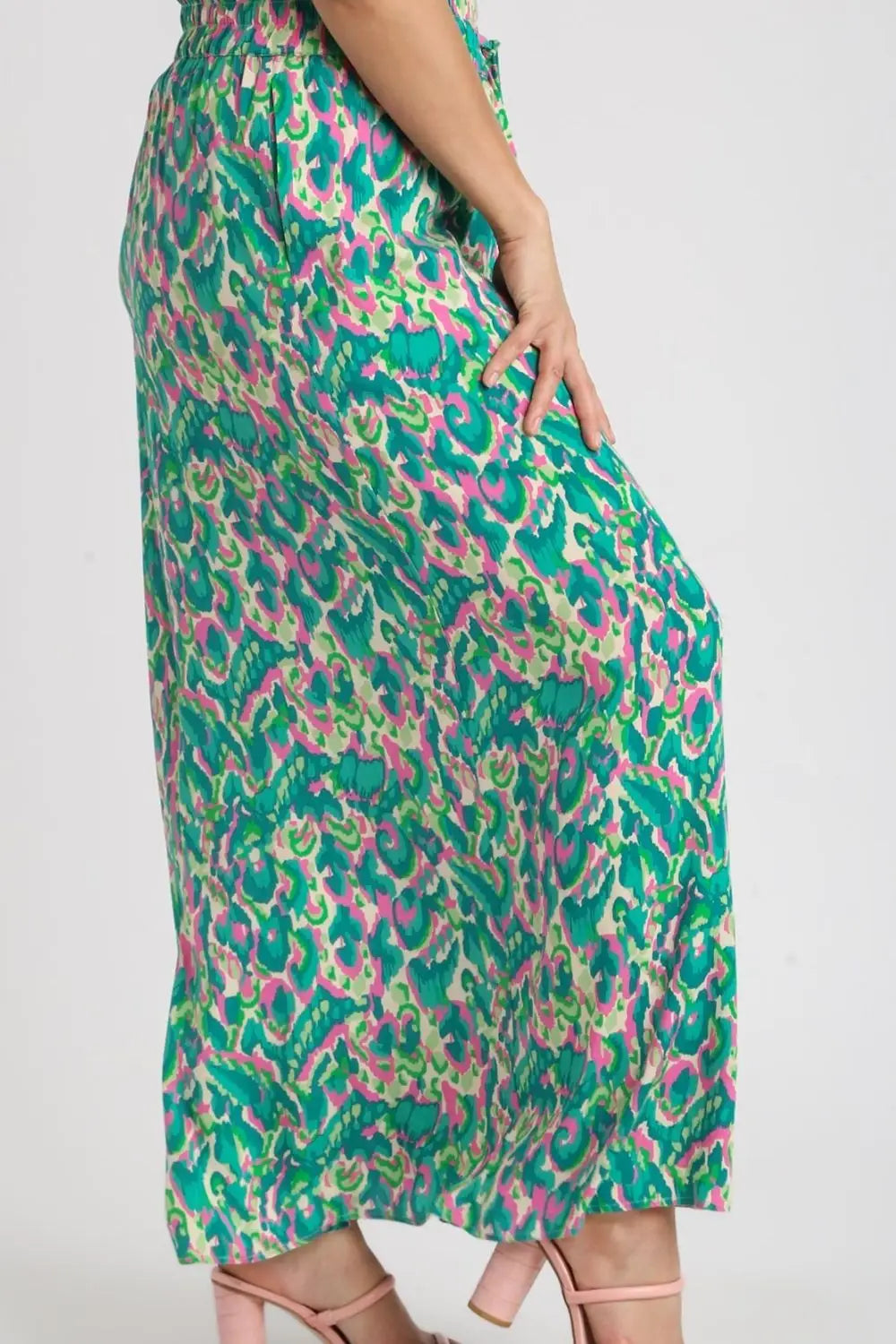 Green Mixed Print High Waist Wide Leg Pants - Pants
