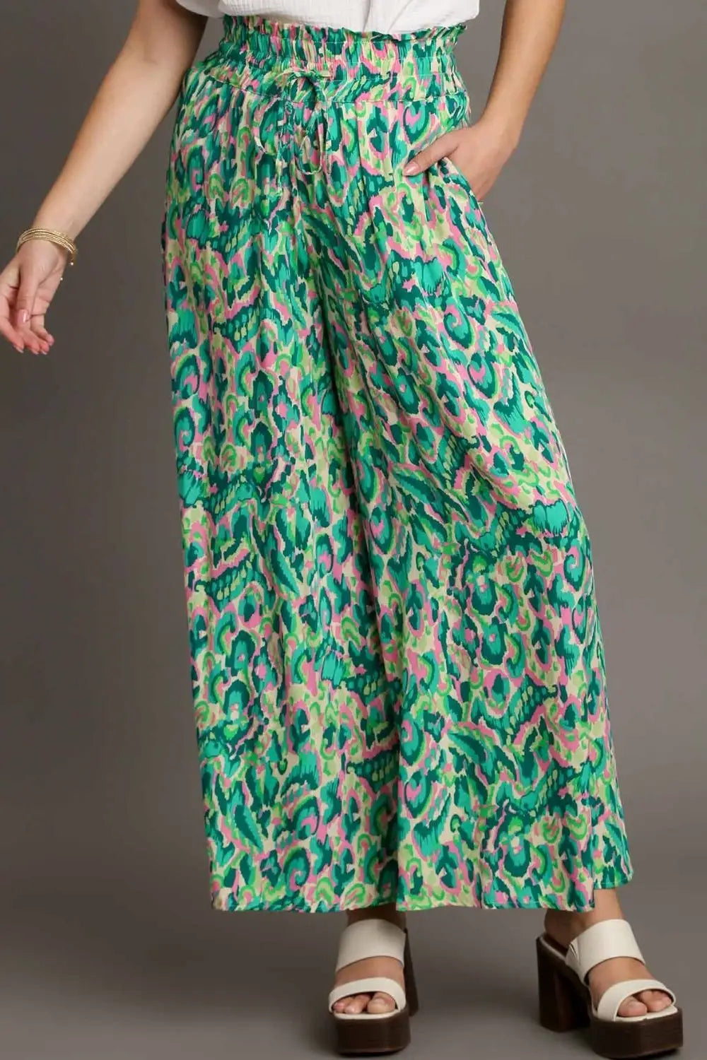 Green Mixed Print High Waist Wide Leg Pants - Pants