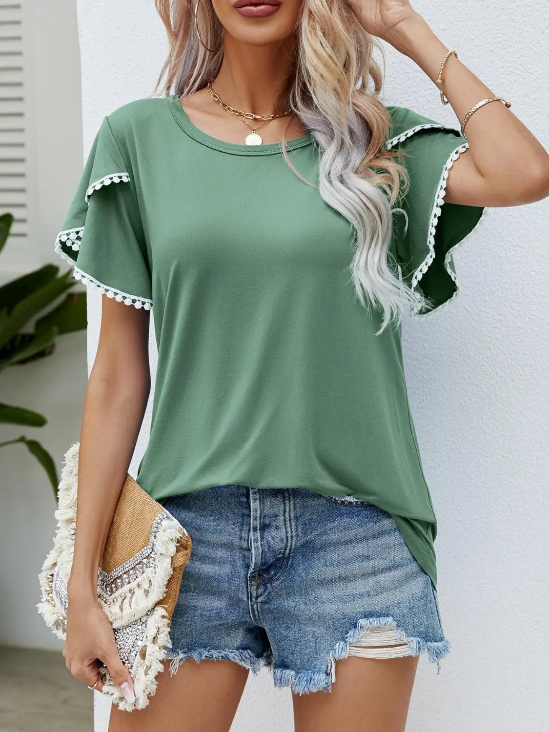 Green Pom - Pom Trim Flutter Sleeve T-Shirt - T-Shirts