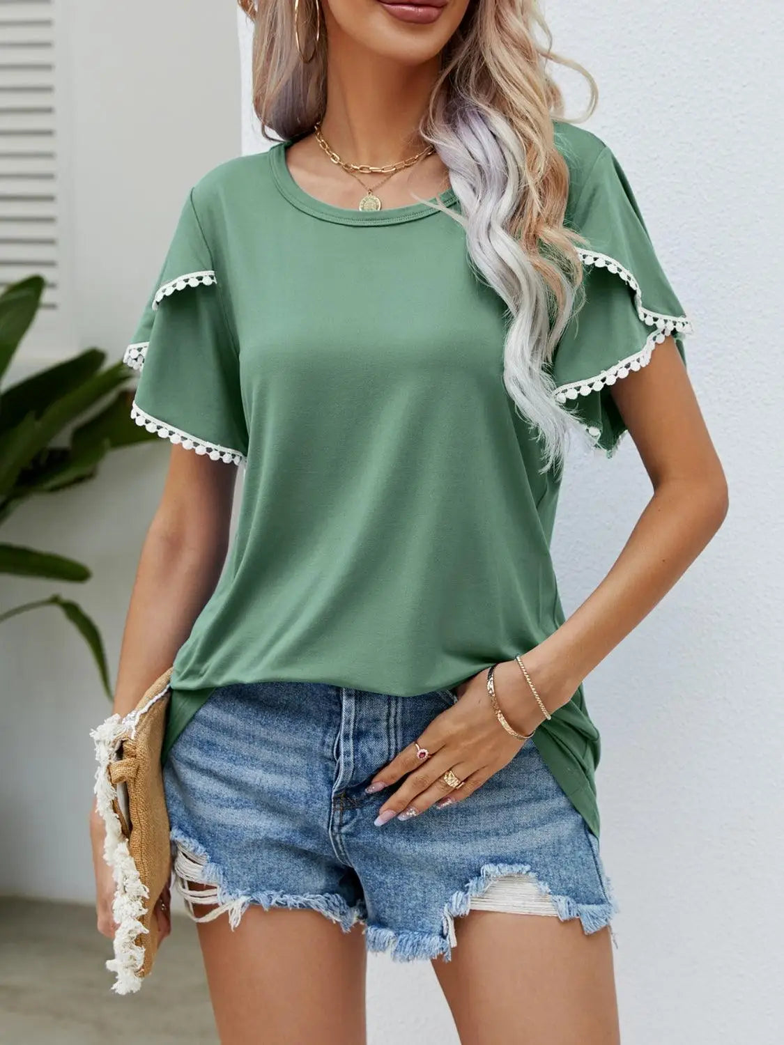 Green Pom - Pom Trim Flutter Sleeve T-Shirt - T-Shirts