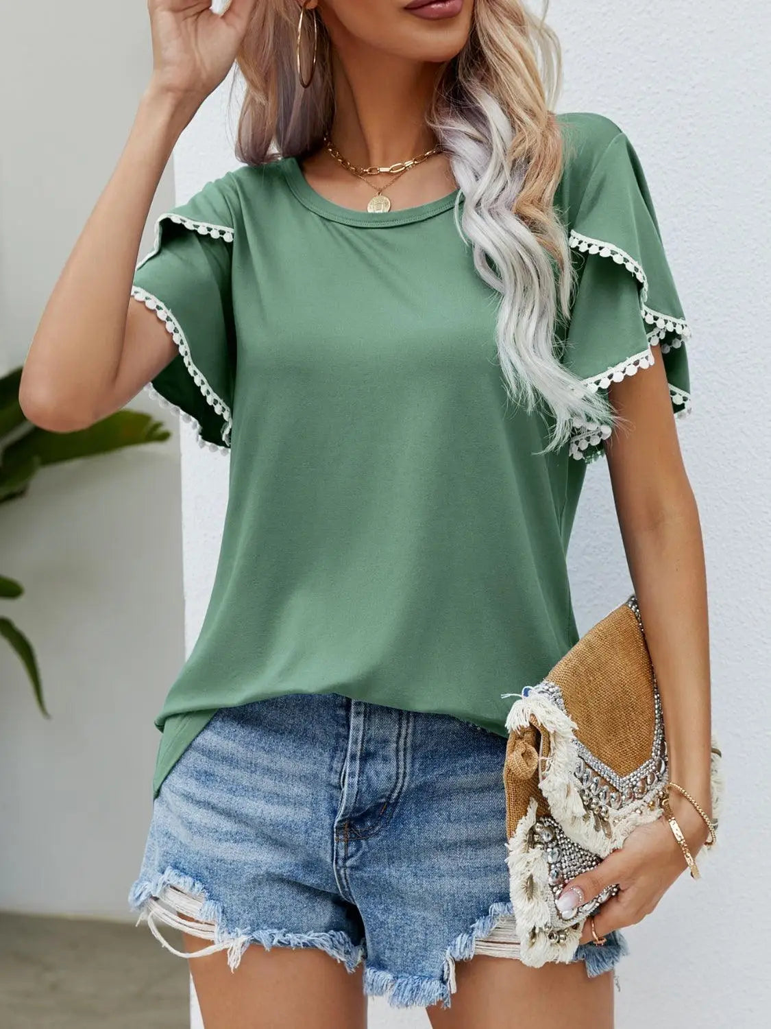 Green Pom - Pom Trim Flutter Sleeve T-Shirt - T-Shirts