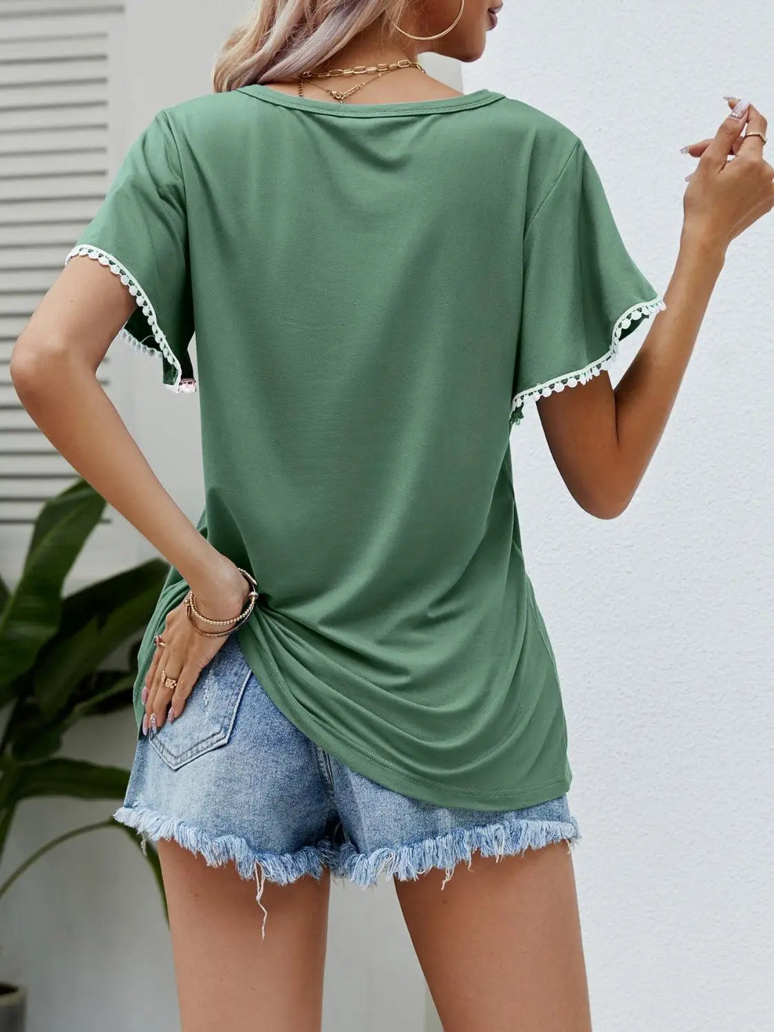 Green Pom - Pom Trim Flutter Sleeve T-Shirt - T-Shirts
