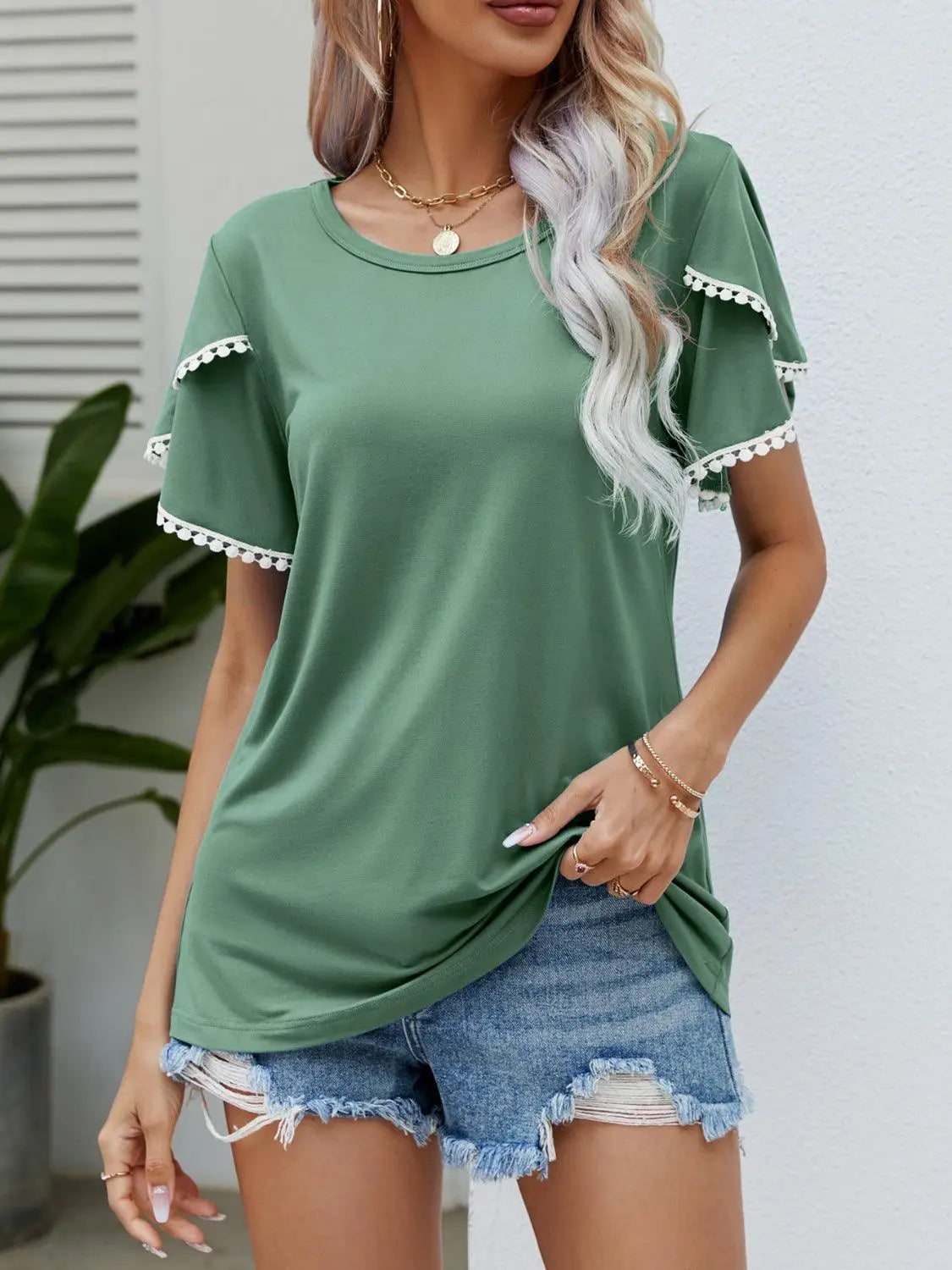 Green Pom - Pom Trim Flutter Sleeve T-Shirt - T-Shirts