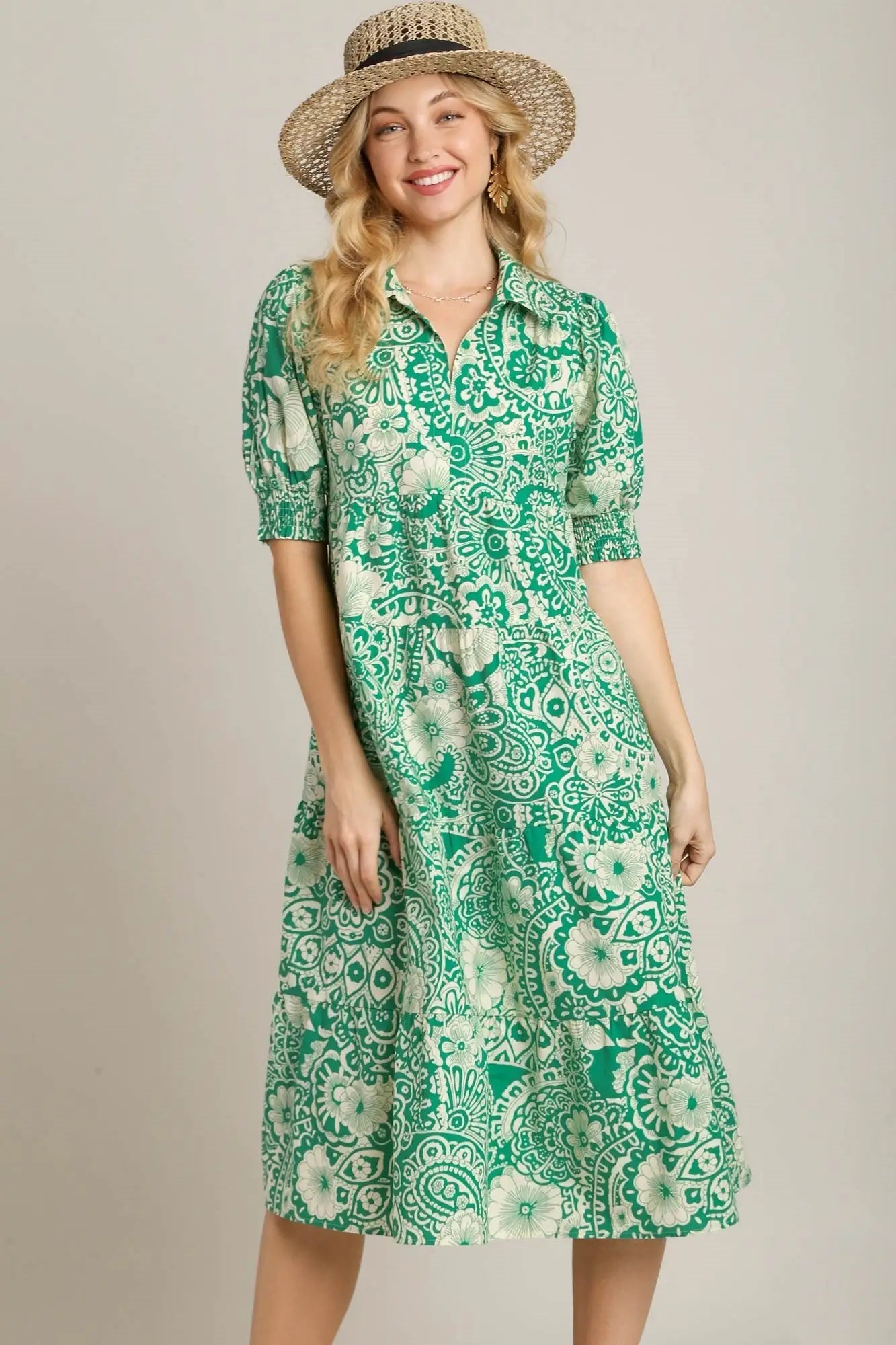 Green Printed Smocked Cuff Midi Dress - Midi Dresses