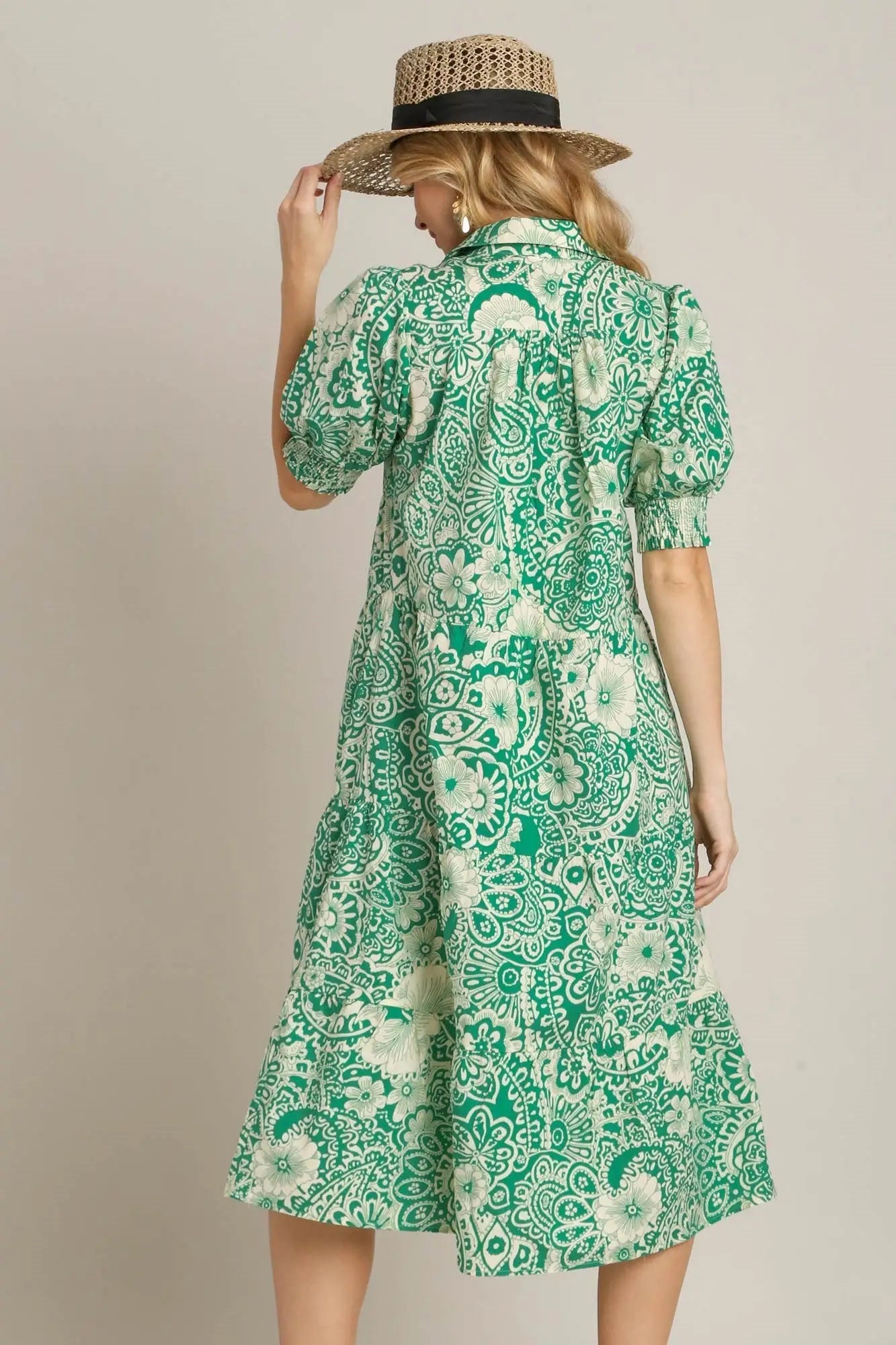 Green Printed Smocked Cuff Midi Dress - Midi Dresses