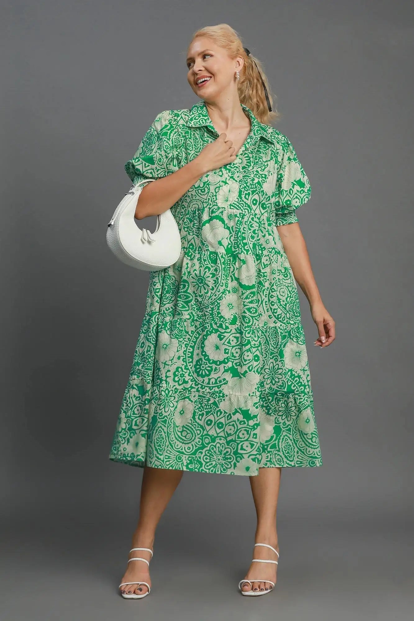 Green Printed Smocked Cuff Midi Dress - Midi Dresses