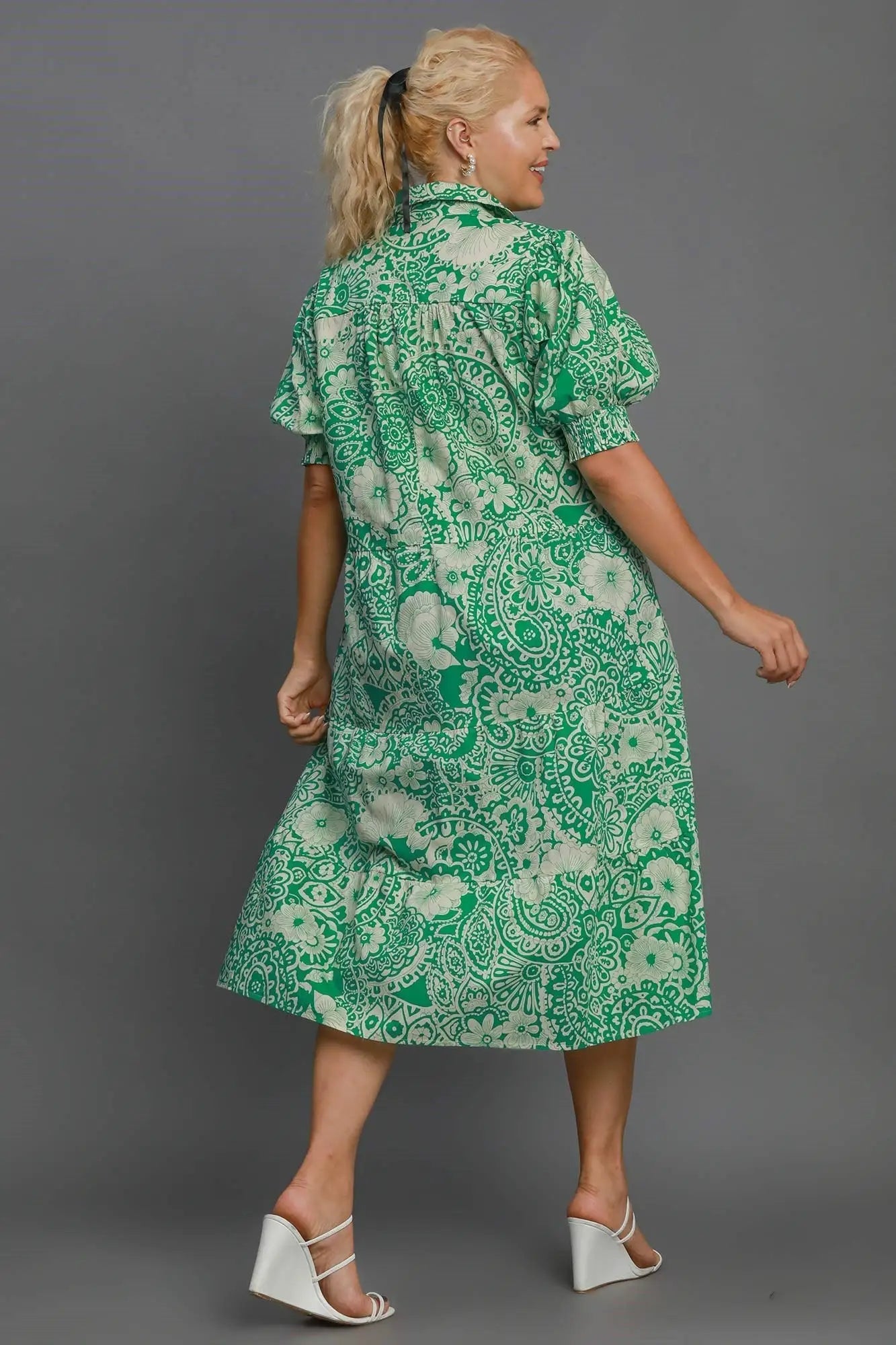 Green Printed Smocked Cuff Midi Dress - Midi Dresses