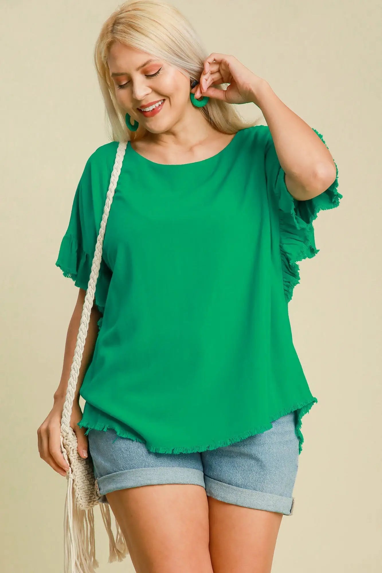 Umgee Full Size Raw Hem Ruffle Short Sleeve Blouse Plus Size - Eclectage