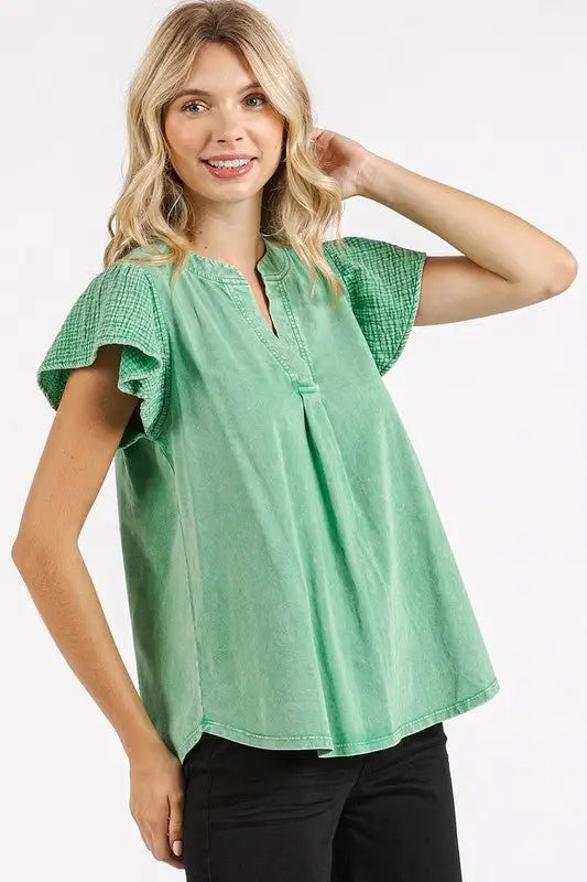 Green Ruffle Short Sleeve Mineral Wash Top - Tops