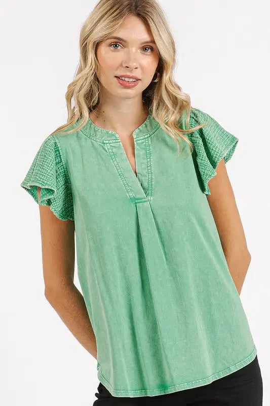 Green Ruffle Short Sleeve Mineral Wash Top - Tops