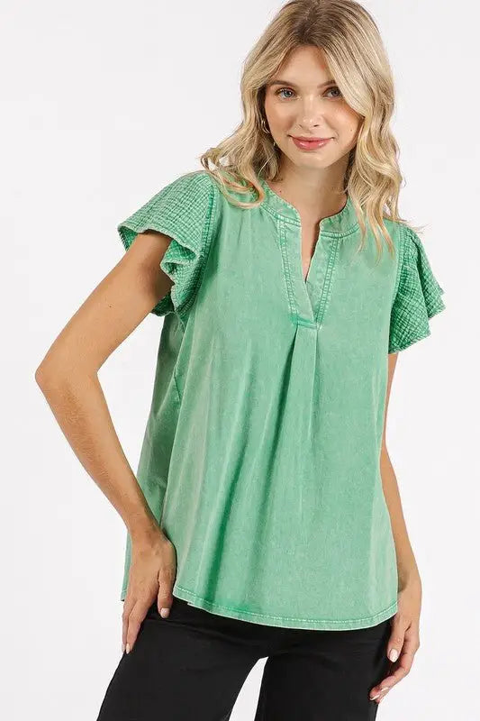 Green Ruffle Short Sleeve Mineral Wash Top - Tops