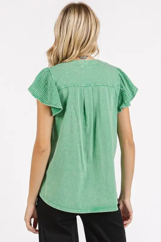 Green Ruffle Short Sleeve Mineral Wash Top - Tops