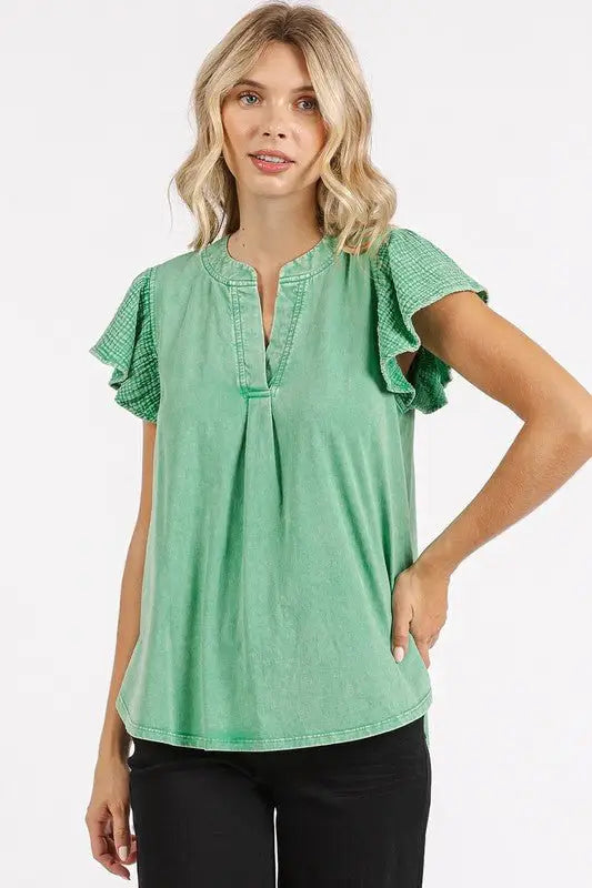 Green Ruffle Short Sleeve Mineral Wash Top - Tops