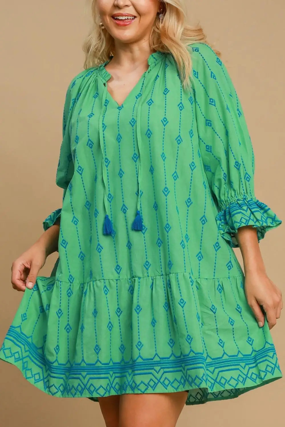 Umgee Full Size Tassel Embroidered Flounce Sleeve Mini Dress Plus Size - Eclectage