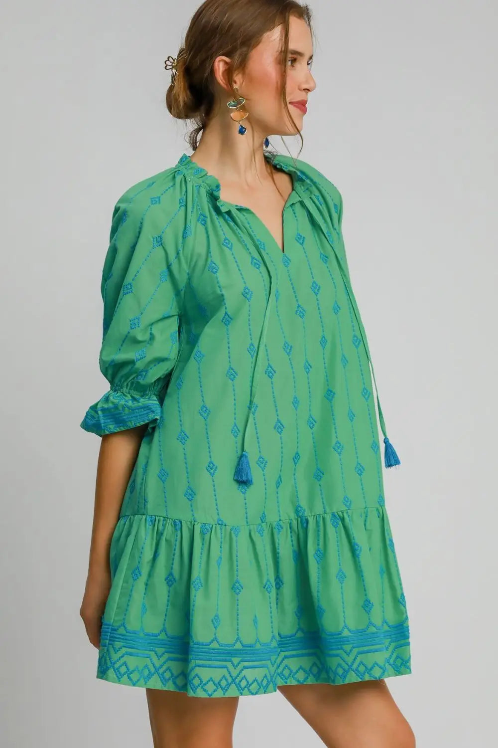Umgee Full Size Tassel Embroidered Flounce Sleeve Mini Dress Plus Size - Eclectage