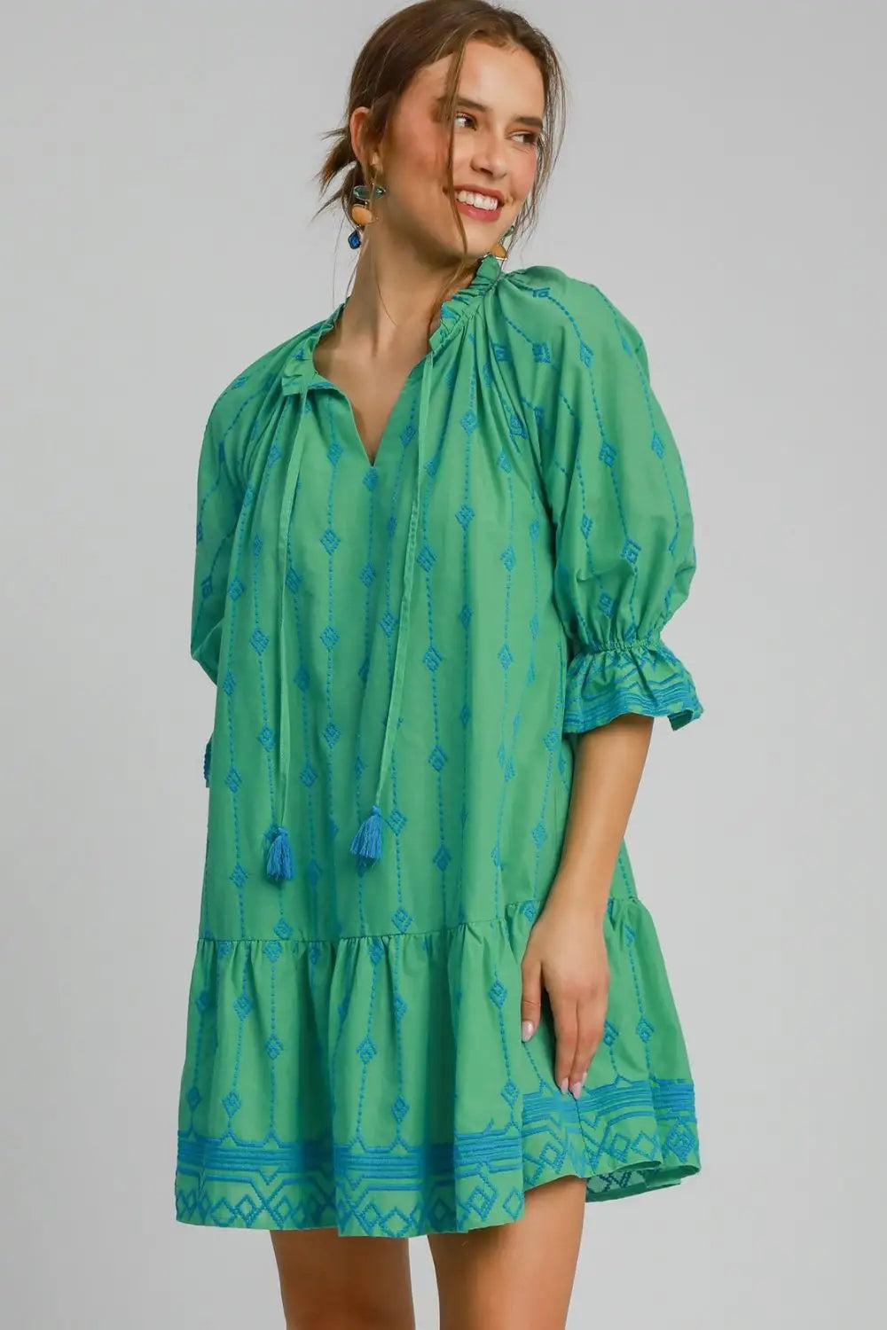 Umgee Full Size Tassel Embroidered Flounce Sleeve Mini Dress Plus Size - Eclectage