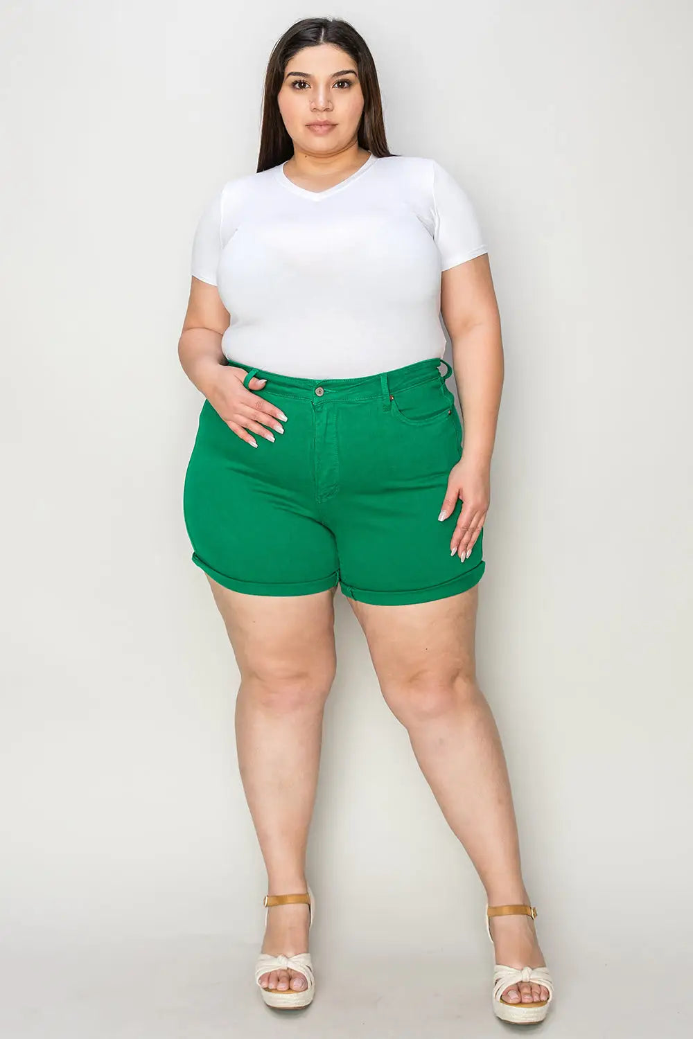 Green Tummy Control Denim Shorts - Eclectage