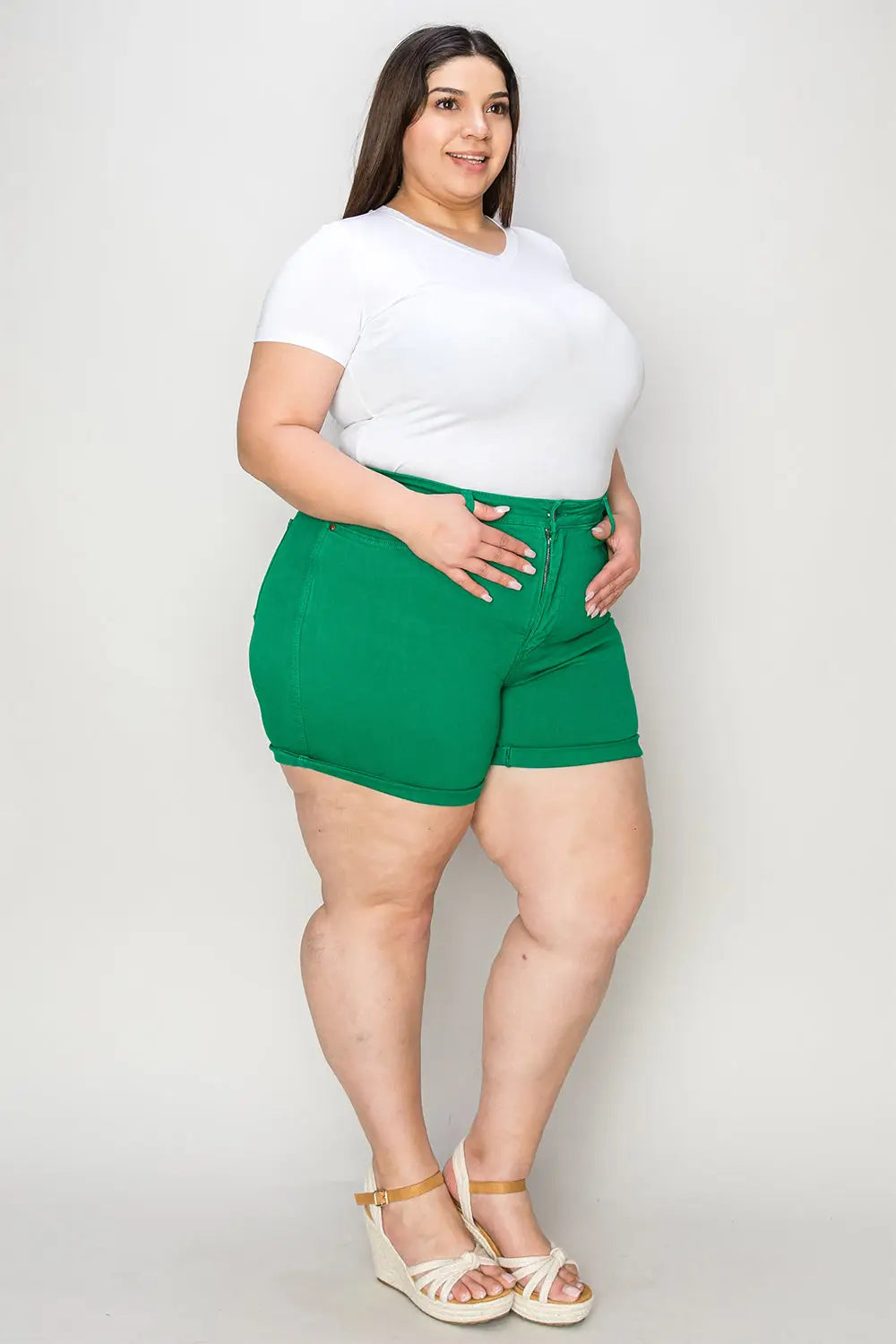 Green Tummy Control Denim Shorts - Eclectage
