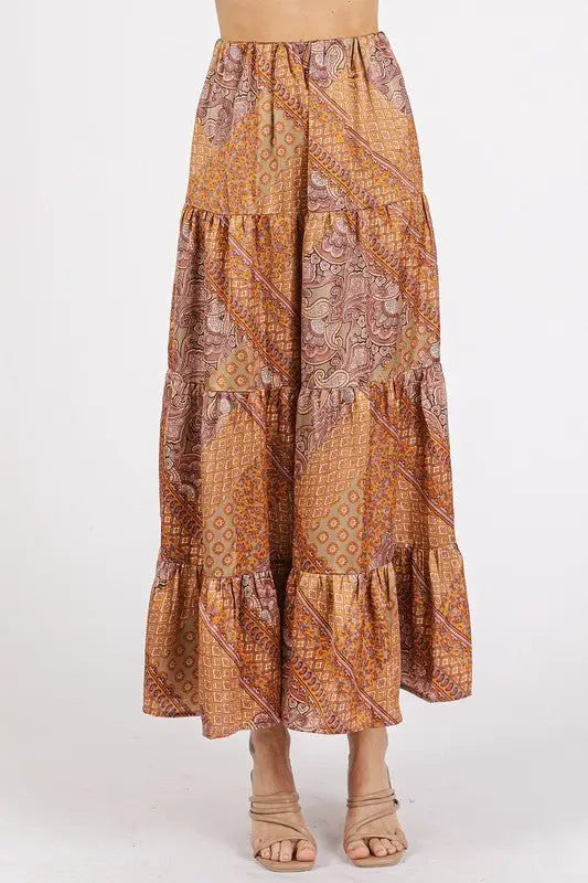 Hazelnut Paisley Print Satin Maxi Skirt - Maxi Skirts