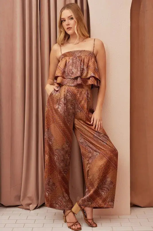 Hazelnut Paisley Satin Wide Leg Pants - Pants