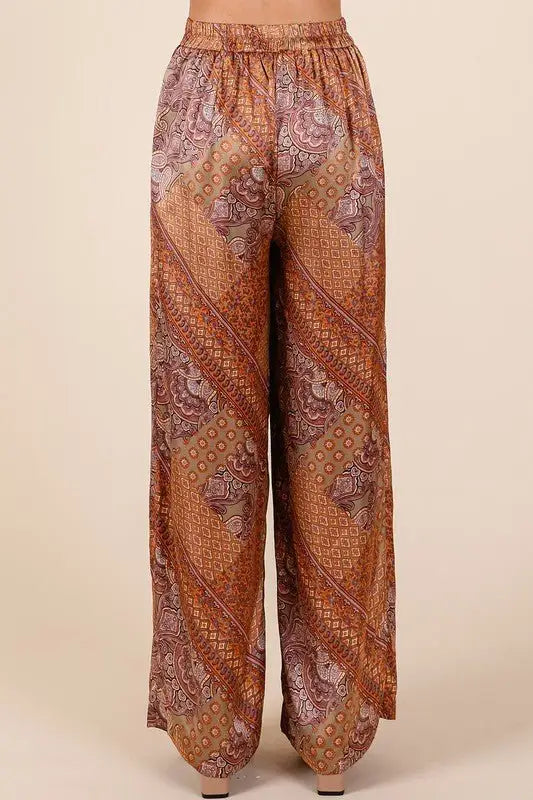 Hazelnut Paisley Satin Wide Leg Pants - Pants