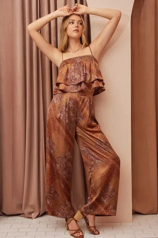 Hazelnut Paisley Satin Wide Leg Pants - Pants