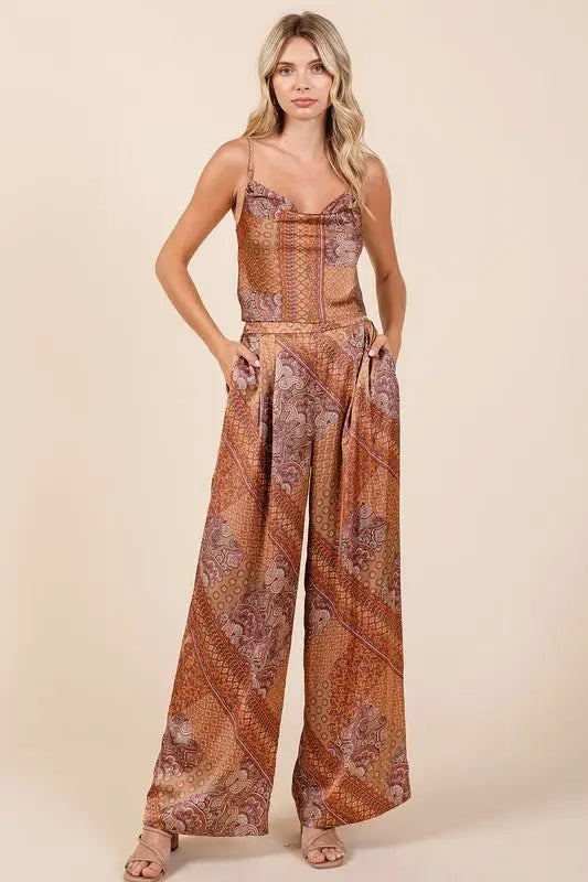 Hazelnut Paisley Satin Wide Leg Pants - Pants