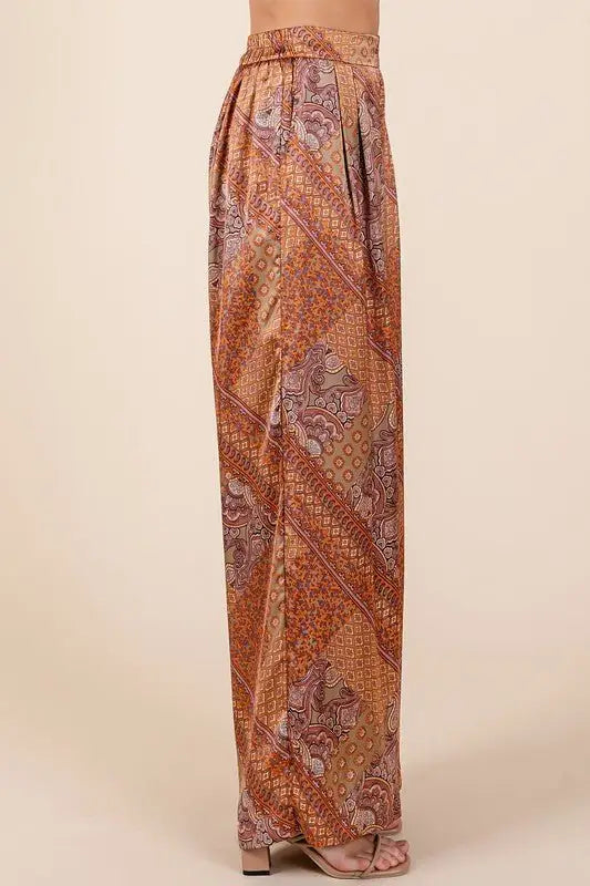 Hazelnut Paisley Satin Wide Leg Pants - Pants