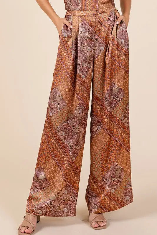 Hazelnut Paisley Satin Wide Leg Pants - Pants