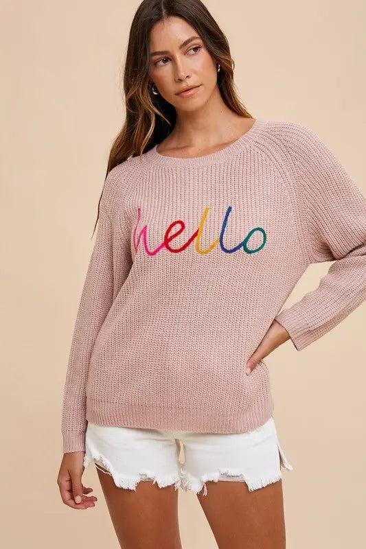HELLO Embroidered Raglan Sleeve Sweater - Sweaters