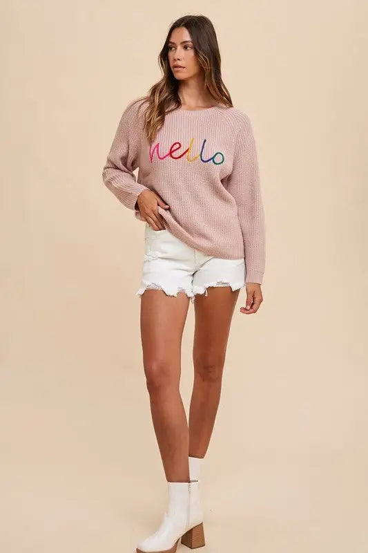HELLO Embroidered Raglan Sleeve Sweater - Sweaters