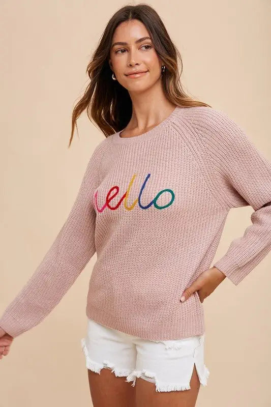 HELLO Embroidered Raglan Sleeve Sweater - Sweaters