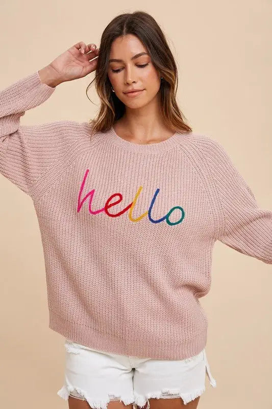 HELLO Embroidered Raglan Sleeve Sweater - Sweaters