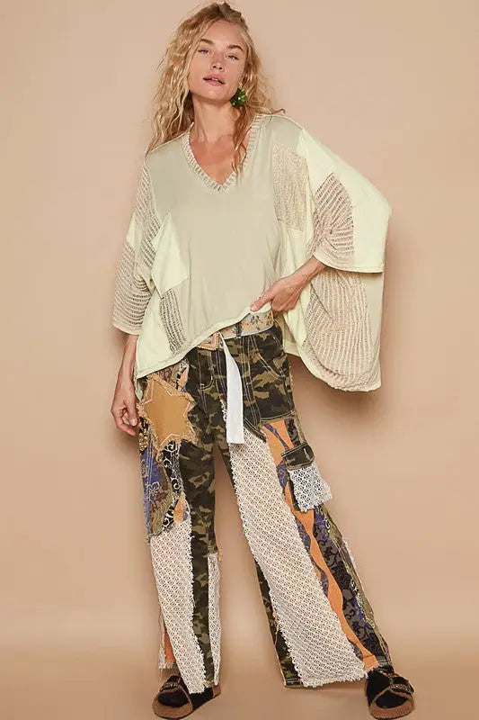 High-Low Contrast V-Neck Top - Eclectage